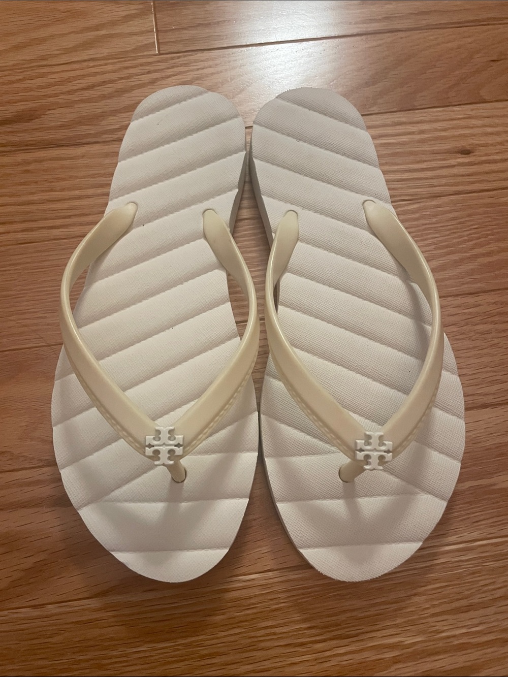 Tory Burch Cream and pale yellow Quilted Flip Flop Sandals